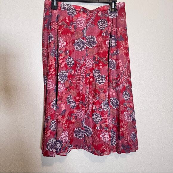 Vintage 70s Red Floral Pleated Knee Length Skirt Womens 16 Sheer Boho Peasant - Picture 2 of 10